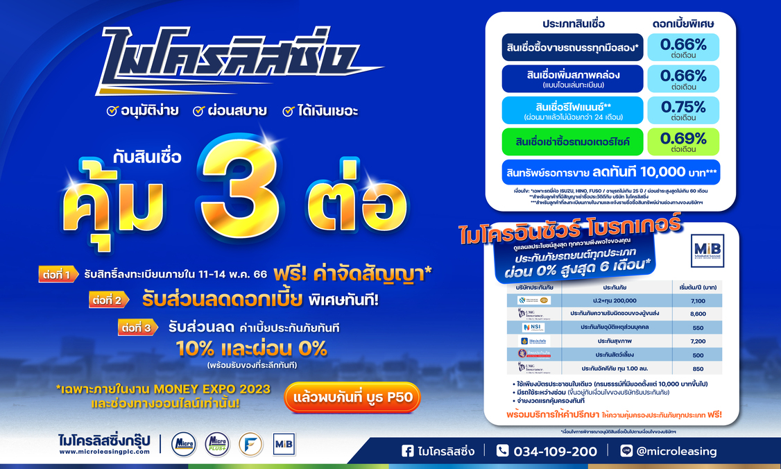 เตรียมพบกับ ไมโครลิสซิ่ง กับ คุ้ม 3 ต่อ ในงานมหกรรมการเงินกรุงเทพ ครั้งที่ 23 Money Expo 2023 Bangkok